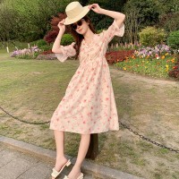 2024年夏季新款花边V领腰间抽绳修身中式连衣裙
