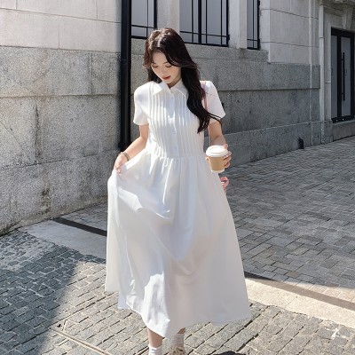 <!--【现货主推】法式风白色连衣裙女夏季2024新款气质收腰衬衫长裙-->