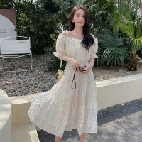 夏季现货性感一字肩仙女裙绣花旅游连衣裙202A