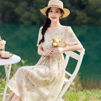 2024夏季新款连衣裙长款天丝V领时尚系腰绳裙子