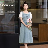现货秒发2024夏装新款时尚韩版泡泡袖复古牛仔A字裙连衣裙