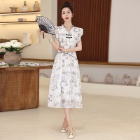 现货秒发2024夏装新款新中式飞飞袖水墨画连衣裙A字裙
