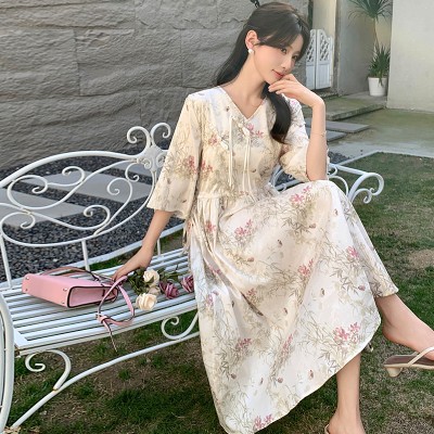 <!--新中式碎花修身连衣裙155-->