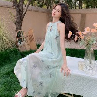 现货蝴蝶印花挂脖吊带连衣裙A33