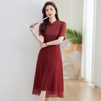 现货2024夏季新中式盘扣显瘦遮肉大码雪纺连衣裙