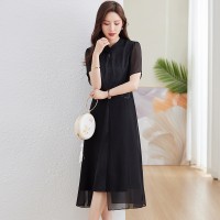 现货2024夏季新中式盘扣显瘦遮肉大码雪纺连衣裙