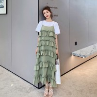 浅绿色波浪卷吊带裙背带裙199