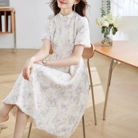 2024夏装新款时尚优雅新中式蝴蝶印花连衣裙