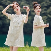 法式亮片雪纺连衣裙女2024夏装新款小个子显高款遮肚子显瘦裙子