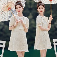 法式亮片雪纺连衣裙女2024夏装新款小个子显高款遮肚子显瘦裙子