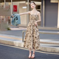 夏季高腰H型修身气质松紧水墨画长款吊带裙短袖盘扣牛仔外套套装