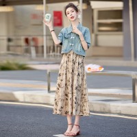 夏季高腰H型修身气质松紧水墨画长款吊带裙短袖盘扣牛仔外套套装