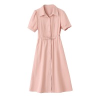 小清新甜美绿色衬衫连衣裙女夏季2024新款小个子显瘦收腰气质裙子