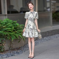 水墨画旗袍显瘦连衣裙2024夏季新款盘扣气质g风连衣裙