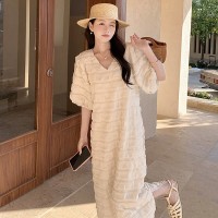 夏装买家秀现货韩版V领泡泡料开叉连衣裙202A