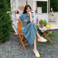 放心推短袖牛仔连衣裙女2024夏季新款刺绣名族风裙子