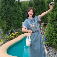 放心推短袖牛仔连衣裙女2024夏季新款刺绣名族风裙子