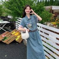 放心推短袖牛仔连衣裙女2024夏季新款刺绣名族风裙子