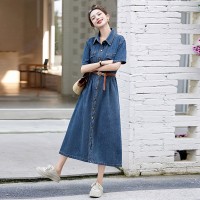 复古翻领短袖牛仔连衣裙女2024年夏季新款简约显瘦单排扣中长裙子
