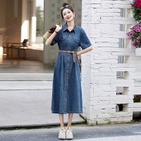 复古翻领短袖牛仔连衣裙女2024年夏季新款简约显瘦单排扣中长裙子