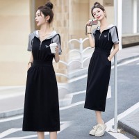 现货黑白接撞色短袖连衣裙女2024夏新款宽松慵懒风显瘦棉质裙