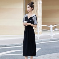 现货黑白接撞色短袖连衣裙女2024夏新款宽松慵懒风显瘦棉质裙