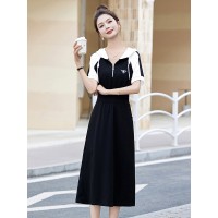 现货黑白接撞色短袖连衣裙女2024夏新款宽松慵懒风显瘦棉质裙