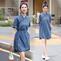 夏季轻薄新款中式牛仔连衣裙女2024复古g风短袖收腰显瘦休闲裙子