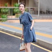 夏季轻薄新款中式牛仔连衣裙女2024复古g风短袖收腰显瘦休闲裙子