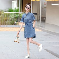 夏季轻薄新款中式牛仔连衣裙女2024复古g风短袖收腰显瘦休闲裙子