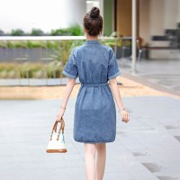 夏季轻薄新款中式牛仔连衣裙女2024复古g风短袖收腰显瘦休闲裙子