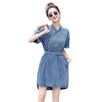 夏季轻薄新款中式牛仔连衣裙女2024复古g风短袖收腰显瘦休闲裙子
