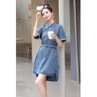 夏季轻薄新款中式牛仔连衣裙女2024复古g风短袖收腰显瘦休闲裙子