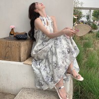 现货连衣裙2024夏季新款无袖印花长裙仙女裙ZB012