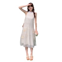 现货夏季气质无袖长款挂脖式蝴蝶饰品连衣裙A35