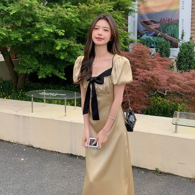 <!--现货仲夏之夜法式缎面蝴蝶结收腰连衣裙A36-->
