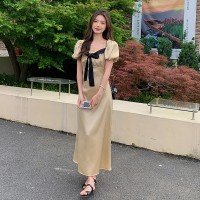 现货仲夏之夜法式缎面蝴蝶结收腰连衣裙A36