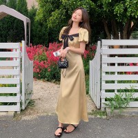 现货仲夏之夜法式缎面蝴蝶结收腰连衣裙A36