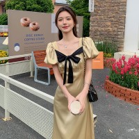 现货仲夏之夜法式缎面蝴蝶结收腰连衣裙A36