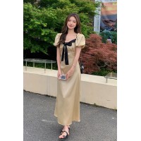 现货仲夏之夜法式缎面蝴蝶结收腰连衣裙A36
