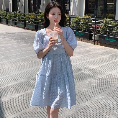 <!--现货2024夏新款蝴蝶结甜美可爱泡泡袖伞裙显瘦遮肉连衣裙-->