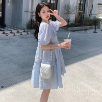 现货2024夏新款蝴蝶结甜美可爱泡泡袖伞裙显瘦遮肉连衣裙