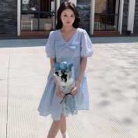 现货2024夏新款蝴蝶结甜美可爱泡泡袖伞裙显瘦遮肉连衣裙