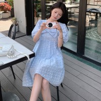 现货2024夏新款蝴蝶结甜美可爱泡泡袖伞裙显瘦遮肉连衣裙