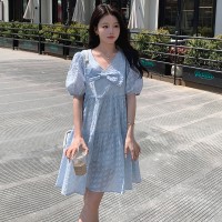 现货2024夏新款蝴蝶结甜美可爱泡泡袖伞裙显瘦遮肉连衣裙