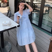 现货2024夏新款蝴蝶结甜美可爱泡泡袖伞裙显瘦遮肉连衣裙