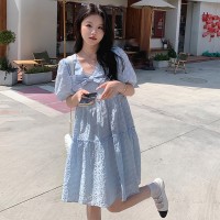 现货2024夏新款蝴蝶结甜美可爱泡泡袖伞裙显瘦遮肉连衣裙