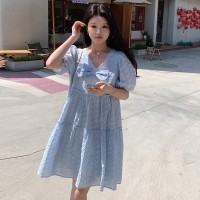 现货2024夏新款蝴蝶结甜美可爱泡泡袖伞裙显瘦遮肉连衣裙