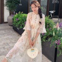 509新中式圆立领盘扣腰抽绳连衣裙