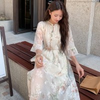 509新中式圆立领盘扣腰抽绳连衣裙